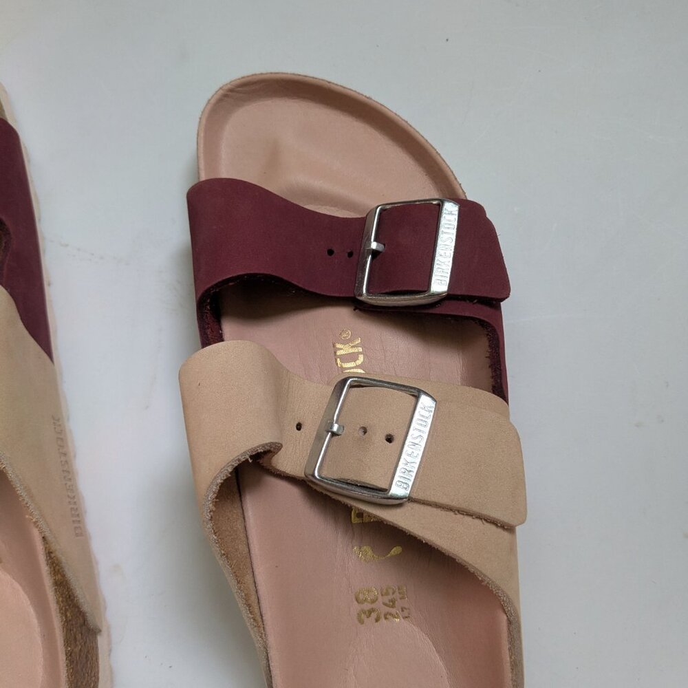 Birkenstock Two-Tone Adjustable Buckle Sandals in Burgundy and Beige - Picture 11 of 13